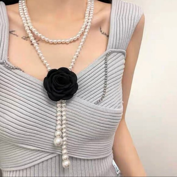 2/$30 Pearl Beaded Black Flower Accent Tassel Belt Waist Chain Dress Accessories - Picture 4 of 6